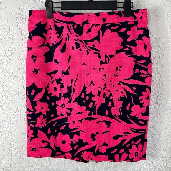 J Crew | Hot Pink and Navy Floral Pencil Cotton Basketweave Skirt Size 6 - Picture 2 of 12